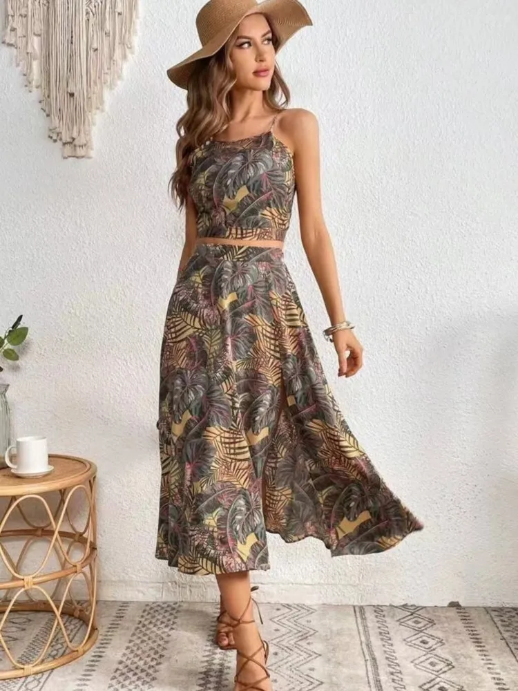 Boho Sexy Skirts Two Piece Set Women Summer New Spaghetti Strape Crop Tops High Slit Skirts Suit Botanical Print 2 Piece Sets