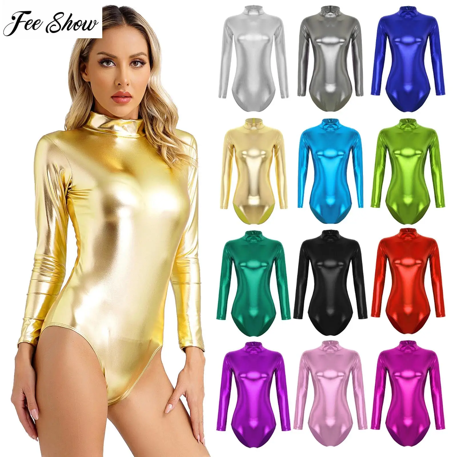 Womens Metallic Shiny Athletic Leotard Bodysuit Mock Neck Long Sleeve Bodycon Yoga Jumpsuit for Rave Music Festival Club