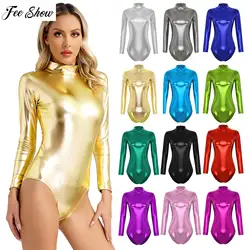 Womens Metallic Shiny Athletic Leotard Bodysuit Mock Neck Long Sleeve Bodycon Yoga Jumpsuit for Rave Music Festival Club