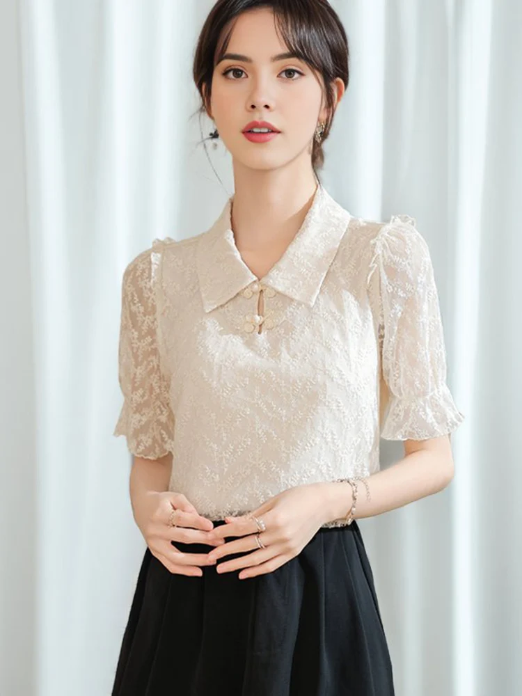 New 2024 Summer Lace Blouse For Women Short Puff Sleeve Beige Color See-through Elegant Tops Chinese Style Shirts & Blouses