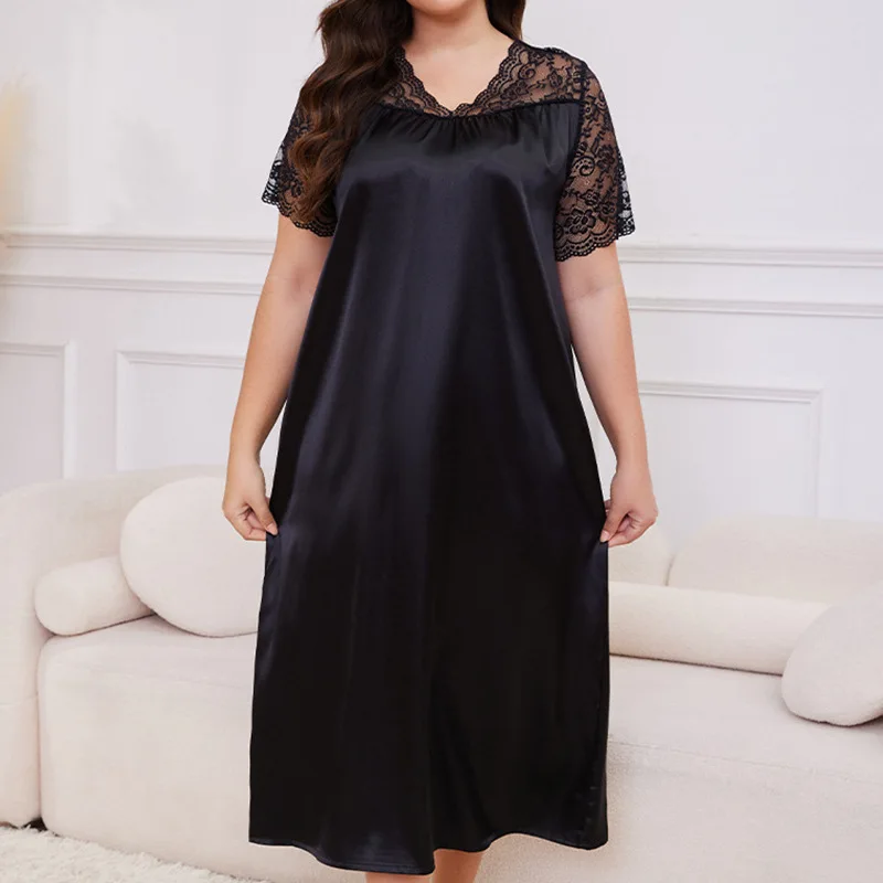 New Lace Stitching Solid Color Hollow Design V-neck Home Pajama Dress Women's Summer New Sexy Elegant Casual Short-sleeved Dress