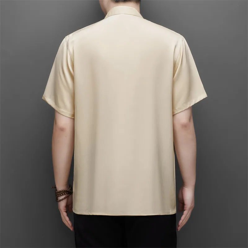Men's Dragon-Embroidered Silk Shirt Summer Essential Red Navy Beige Short Sleeve Tang Style Tops Oriental Mandarin Collar Tunic