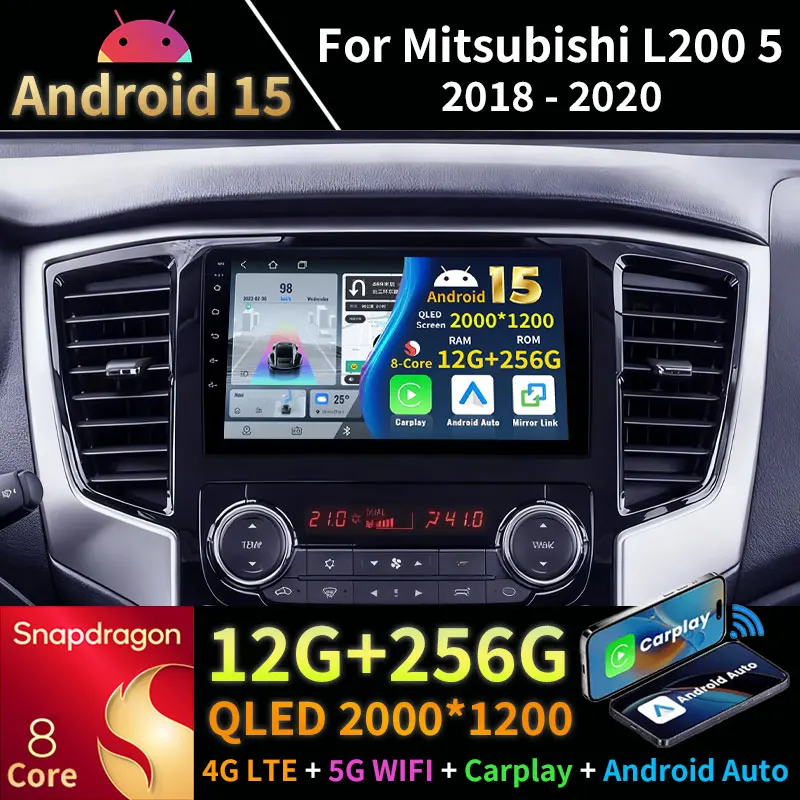 Android 15 Car Radio For Mitsubishi L200 5 2018 - 2020 Wireless Carplay Auto BT QLED GPS Multimedia Player Navi Head Unit Stereo