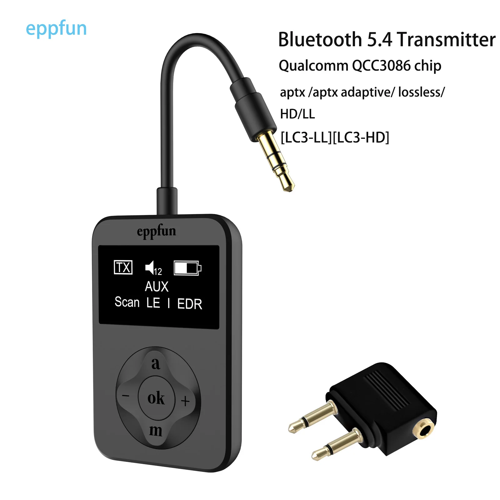 Eppfun LE Audio Bluetooth Auracast Transmitter, LC3, AptX Lossless, AptX HD, USB-C/3.5mm Aux Inputs, Bluetooth 5.4, Qualcomm Chi