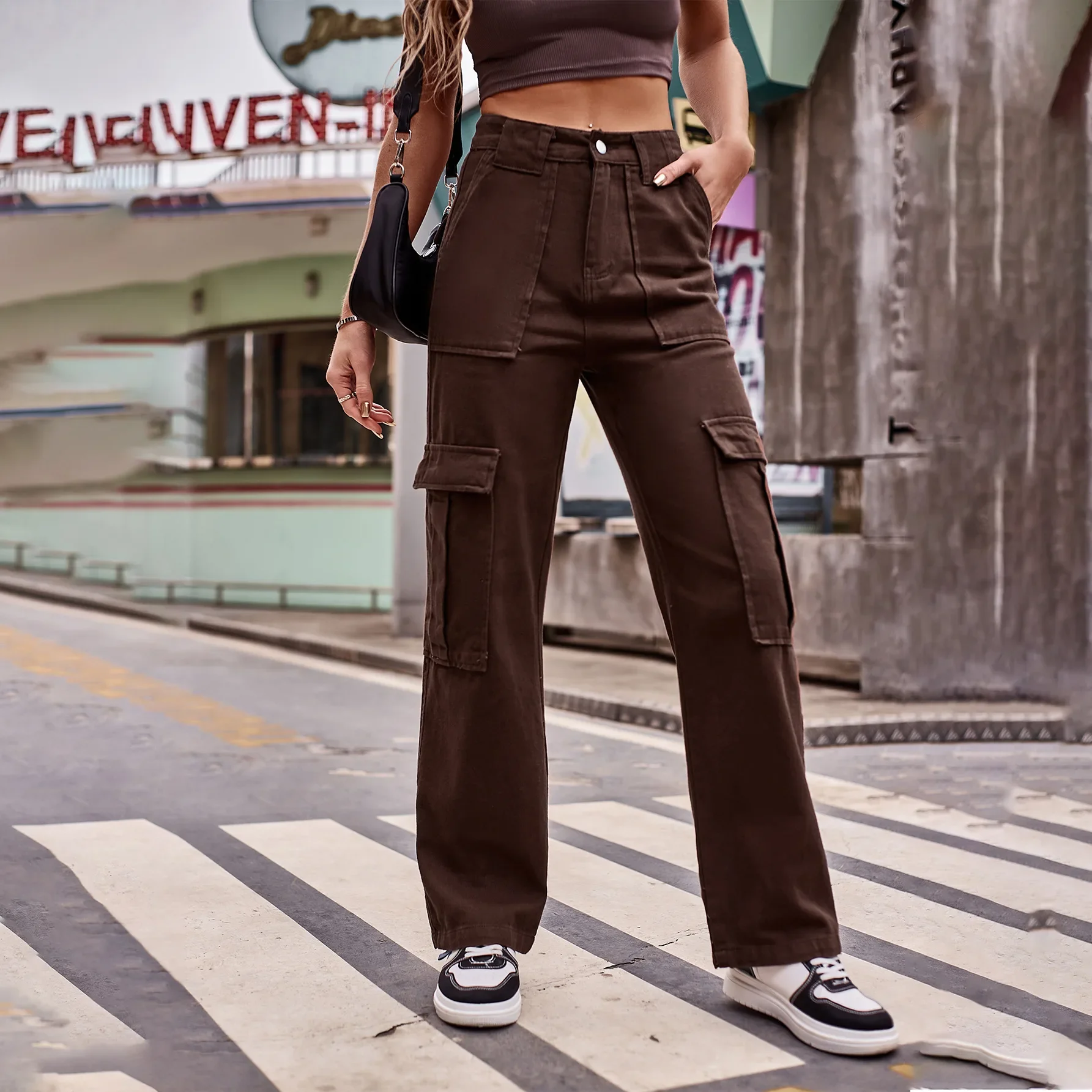 

Y2k Women Jeans Cargo Pants Denim Pant M2025 Autumn Hip Hop Streetwear Washed Straight Trousers Waist Multiple Pockets Denims