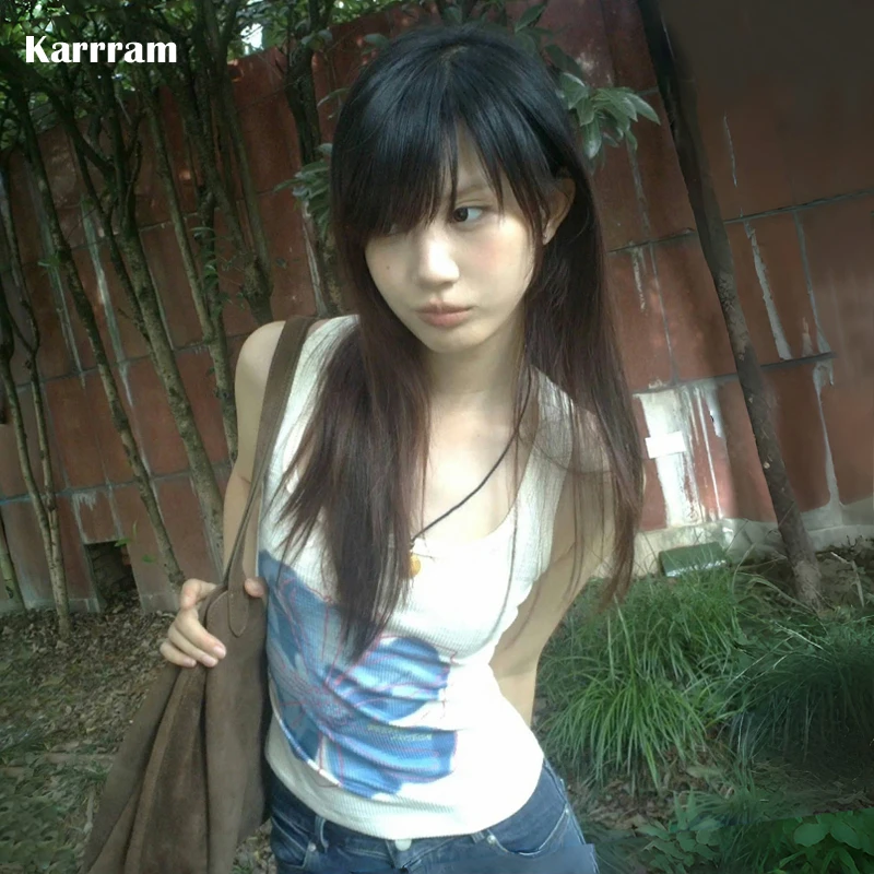 Karrram Japanese Y2k Flower Print Tank Top 2000s Style Aesthetics Ribbed Tanktop Vintage Harajuku Slim Sleeveless Tops Fairycore