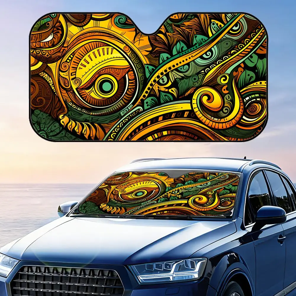 

Hawaiian Tribal Tattoo Sun Visor Visor Reusable Aluminum Foil UV Protector Suction Cups Heat Three-layer Insulation