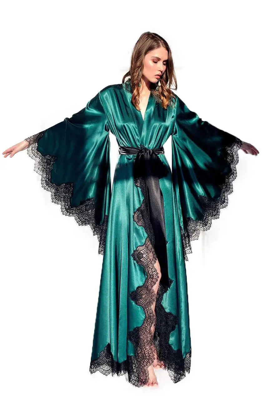 Fashion Comfortable Bath Robe For Women Side Split Elastic Silk Nightgown Lace Applique Edge Waistband Dress Same As The Picture