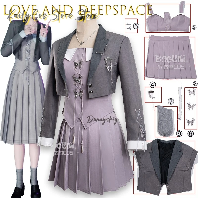 

Love And Deepspace Косплей Аниме Хэллоуин Игровой Костюм Шепиты Сердца Основной Контроль Повседневное Платье Y2k Серый Плиссированный Комплект