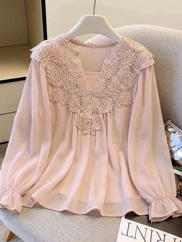 

Pink Lace Hook Flower Hollow out V-Neck Shoulder Women's Summer New Style Large Size Beautiful Top Quality Korean Style Loose...
