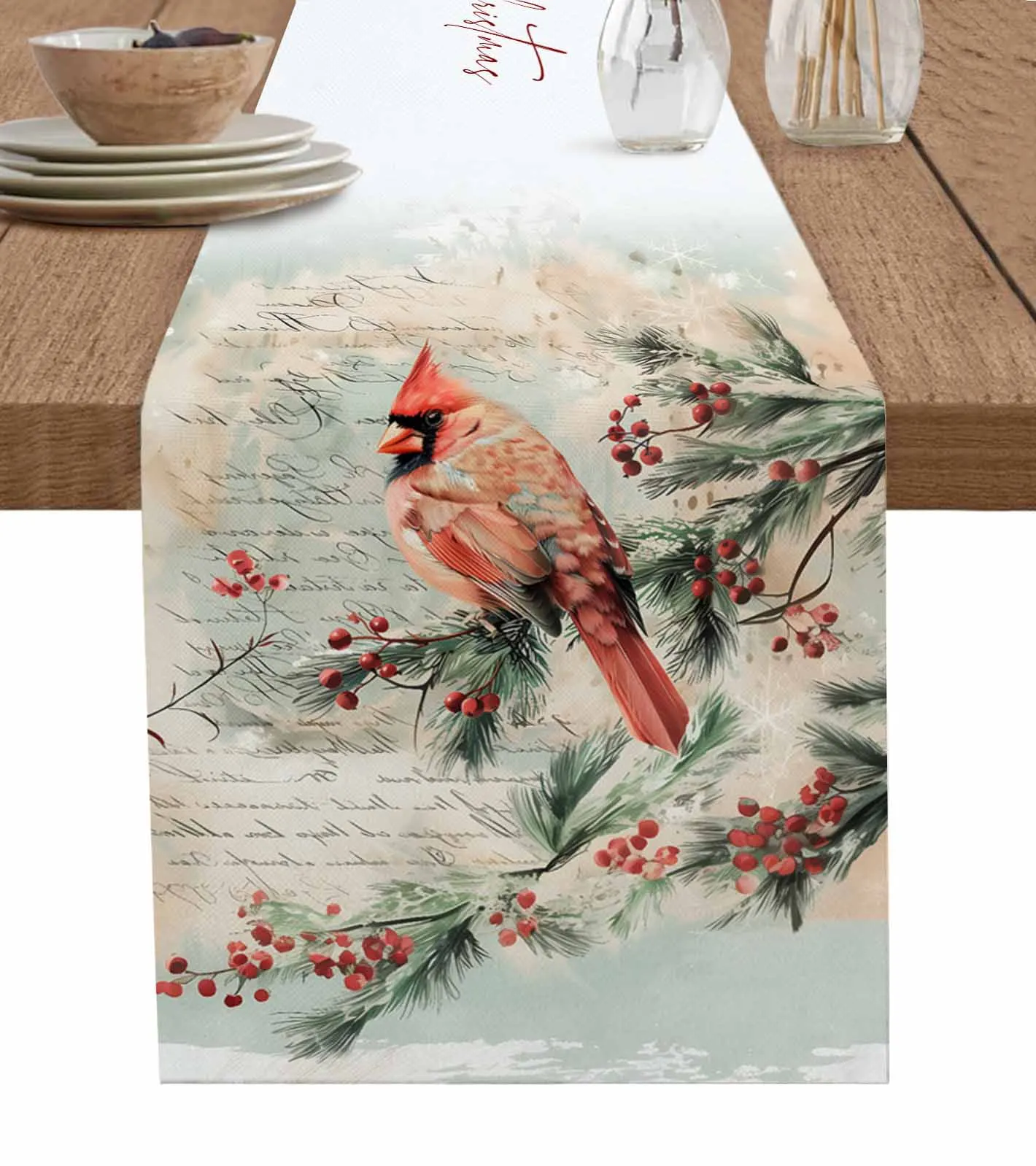 Christmas Winter Cardinal Berries Table Runner Wedding Party Decor Table Runner Christmas Dining Table Decor Tablecloth