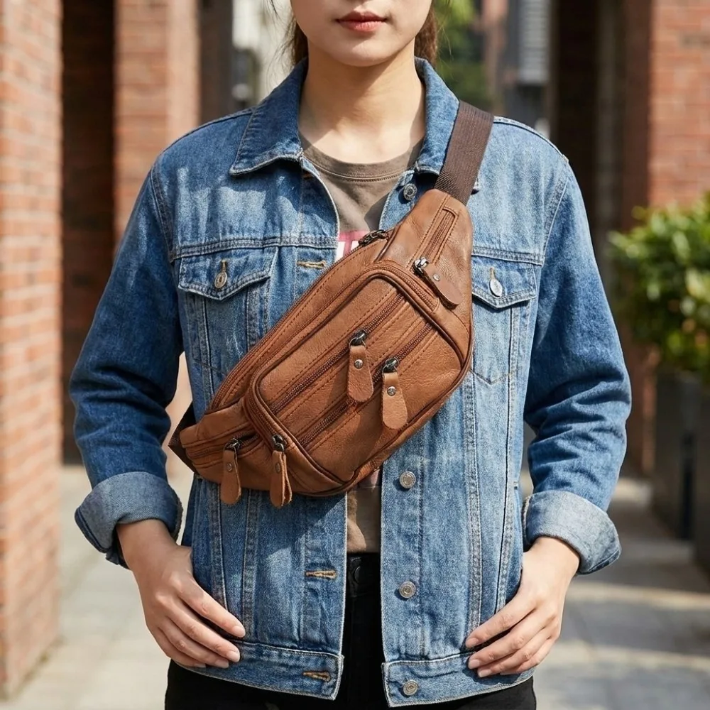 Solid Color Genuine Leather Fanny Bag Multi-layered Waterproof Men's Chest Pouch Zipper Large Capacity Travel Waist Bag Fishing