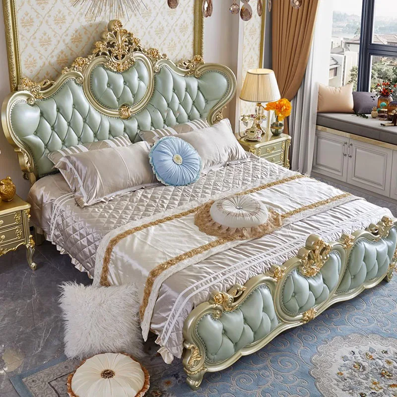 Royal Luxury European Bed Designer Villa Shelves Platform Headboard Bed Frames Queen Girl Sleeping Lit Bedroom Set Furniture