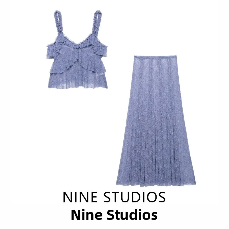 

NINE ZA New Women's Lace Layered Decoration Top Vest f Skirt 05855 05857 Spring 2025 Faion Set ort Sve V-Ne
