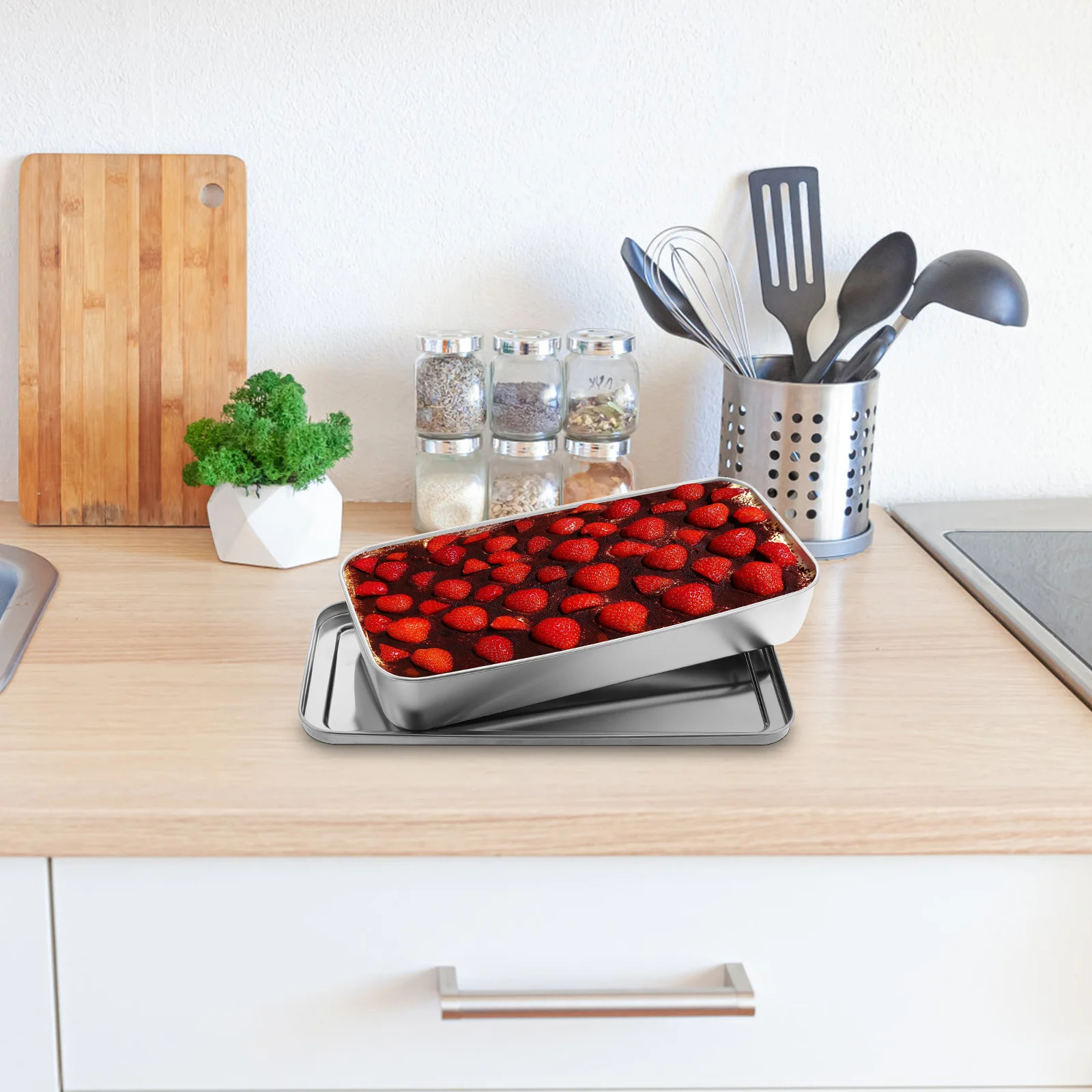 

Silver Stainless Steel Rectangle Pan Baking Cake Tray Covered Lid Tiramisu Cheesecake Metal Baking Pan Toaster Oven Tray