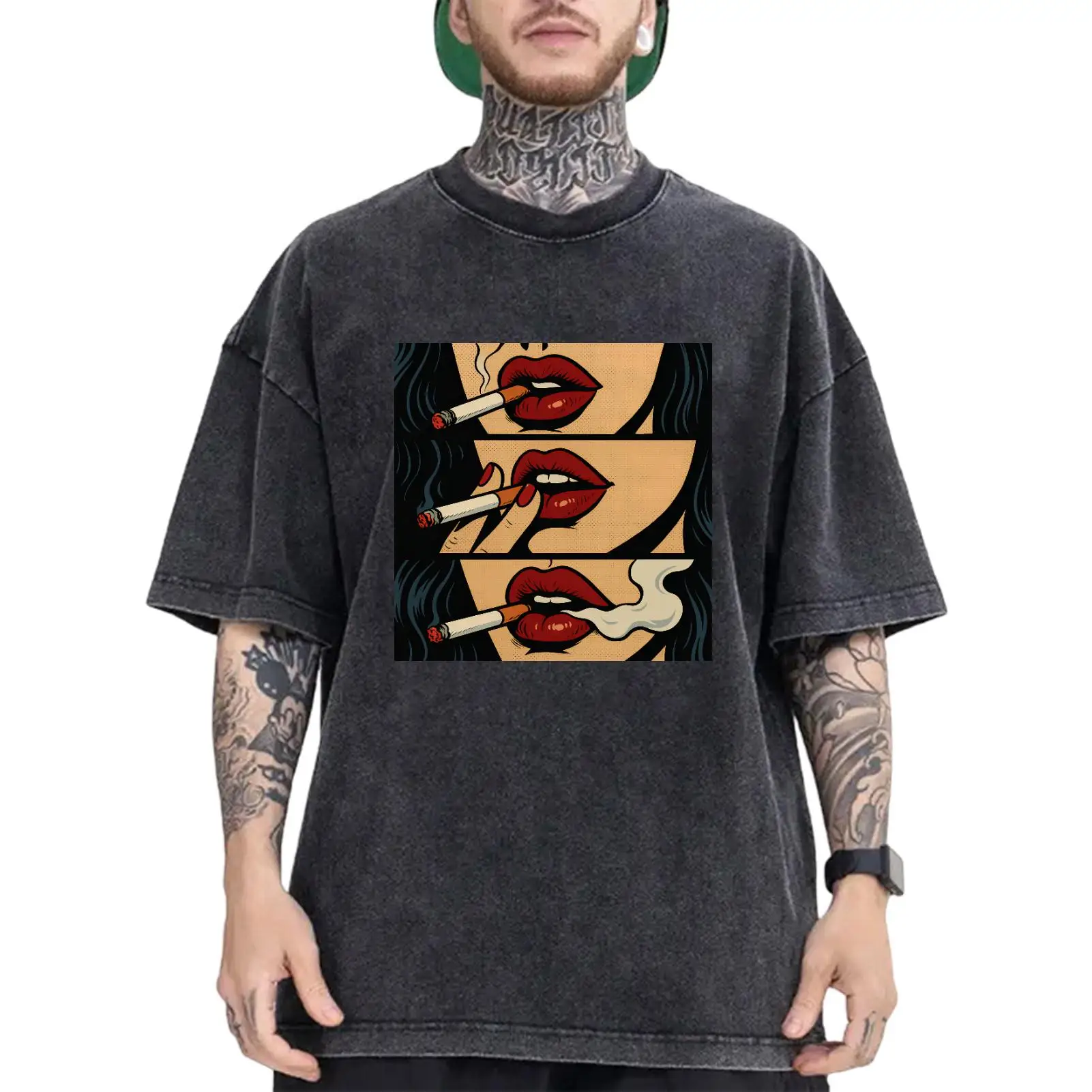 

Men Washed Oversized Retro Comic Mouth T-Shirt Pop Art Lips Smoke Graphic Tee Vintage Streetwear Loose Casual Top