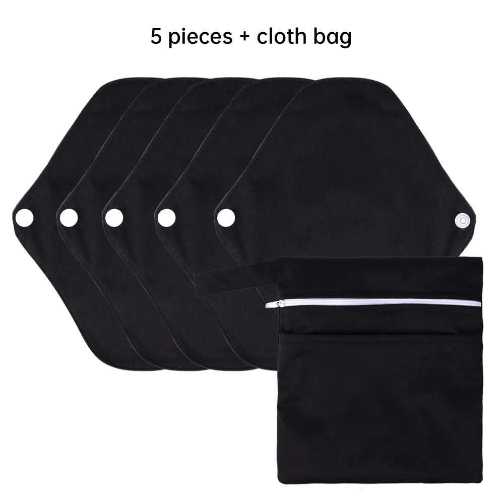 5 Pcs Black Smoothie Cotton Reusable Menstrual Pads Reusable Sanitary, Bamboo Cloth Pads For Heavy Flow Large Sanitary Pads Set