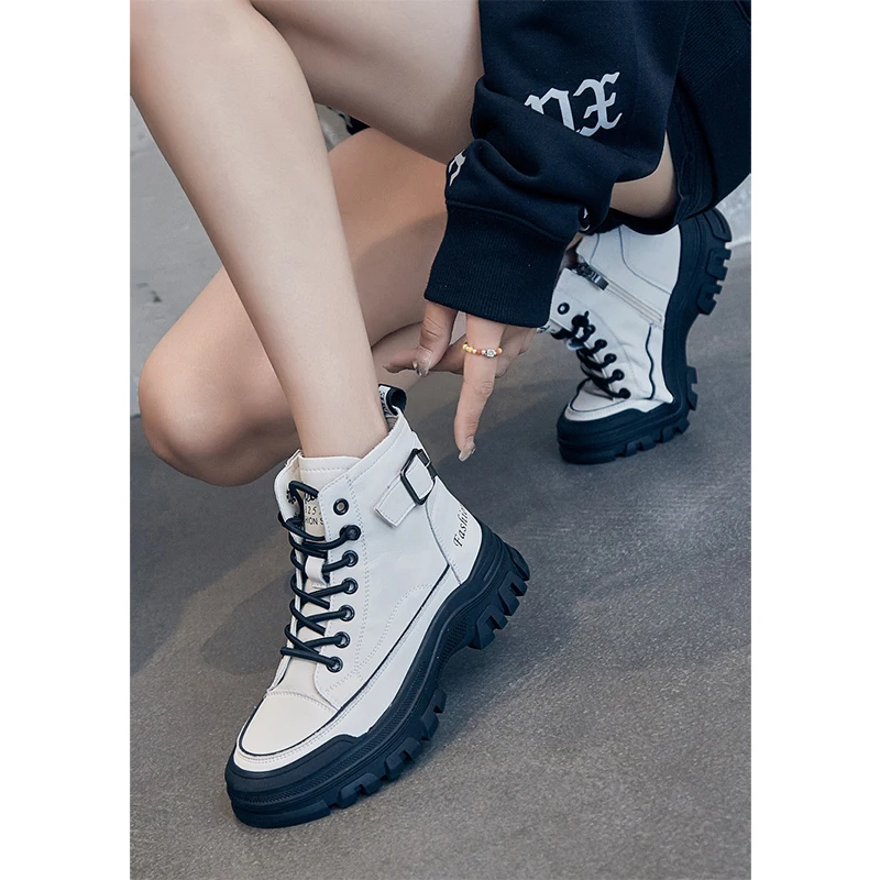 100% جلد طبيعي الشتاء أحذية النساء الموضة الحديثة الأحذية العلامة التجارية السيدات حذاء من الجلد سميكة وحيد الارتفاع زيادة 4 سنتيمتر D238 #3