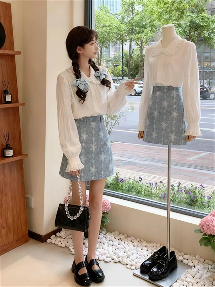 

Модный женский топ с рюшами, нежный, длинный рукав, свободный крой, в корейском стиле, повседневный, трендовый, весенняя новинка