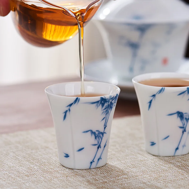 

Hand Painted Shadow Bamboo Kung Fu Small Tea Cup Ceramic Single Teaware Bowl White Porcelain Drinking
