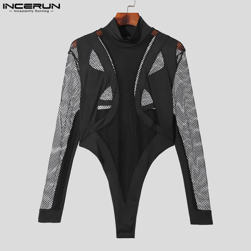 INCERUN Men Bodysuits Mesh Patchwork Sexy Turtleneck Long Sleeve Skinny T Shirt Men Streetwear Transparent 2023 Fashion Bodysuit