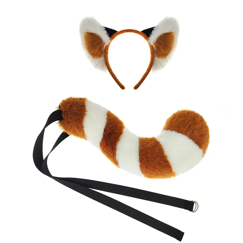 Game Anime Red Panda Cosplay Adult Ears Headband Furry Headdress Plush Tail Headwear Halloween Xmas Cute Lolita Play Role Props