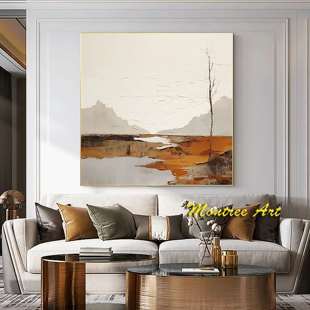 Hand Painted Oil Painting Original Mountain Oil Painting On Canvas Abstract Lake Art Neutral Beige Minimalist Living Room Decor