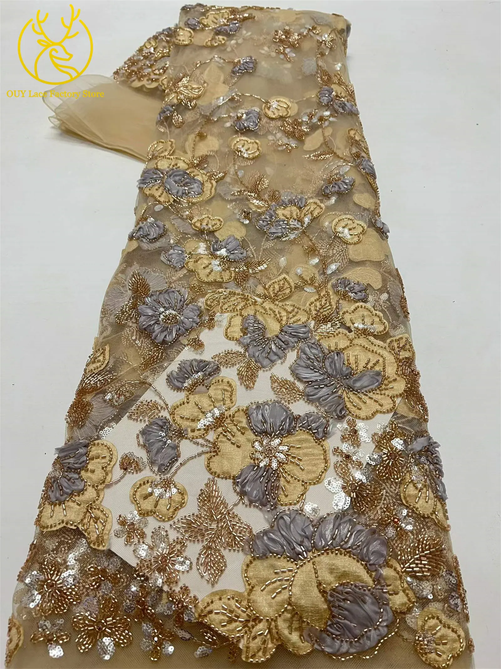 Afrikanischer Bräutigam Stickerei-Spitzenstoff mit Schwerer Perlenbestickung Hochwertiger Französischer Pailletten-Tüllspitzenstoff Nigerianisches Brautkleid Nähzubehör – Detail 8