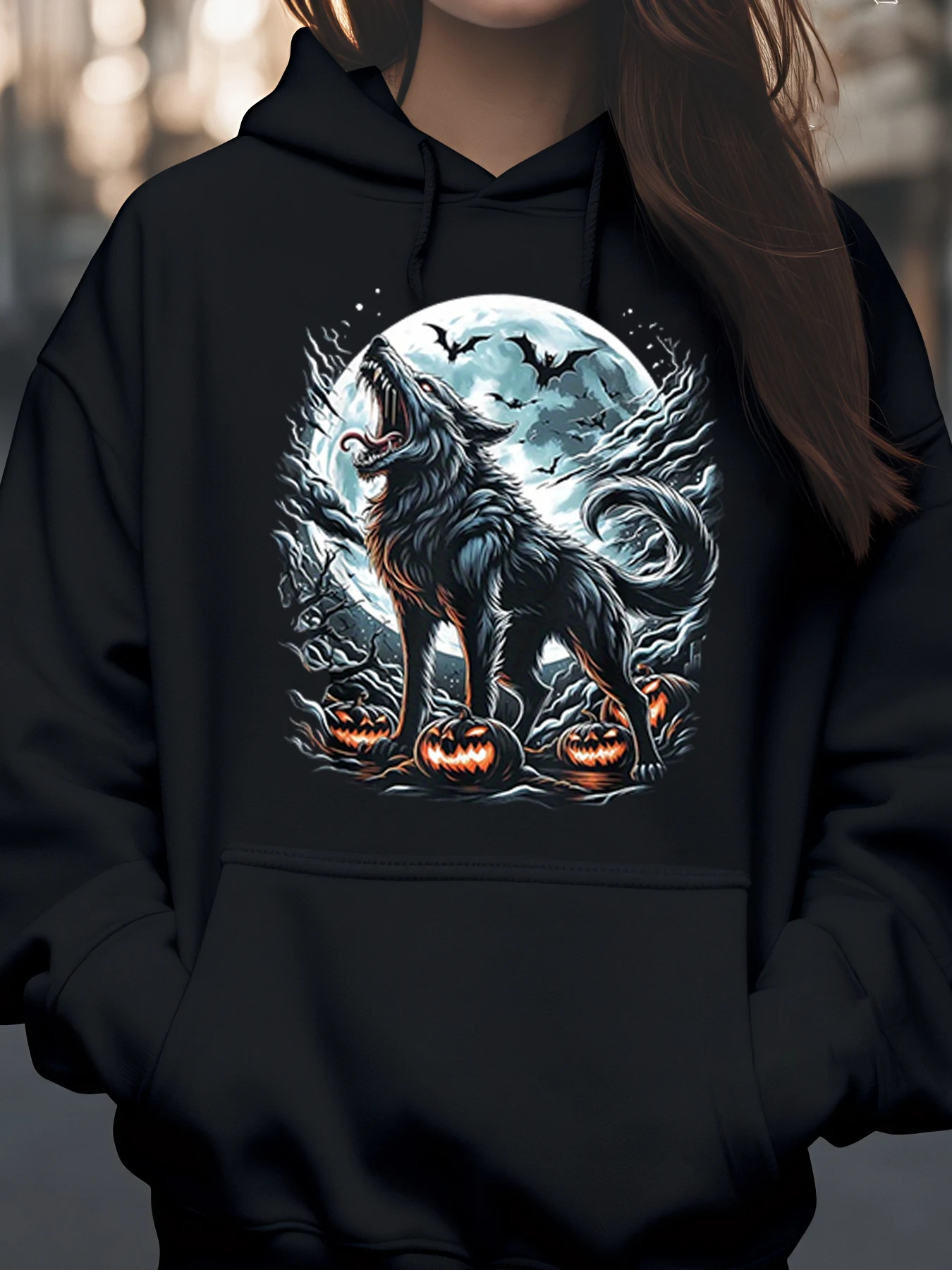 

Wolf Howling at Moon Halloween Print Hoodie for Women Casual Wear Autumn Season