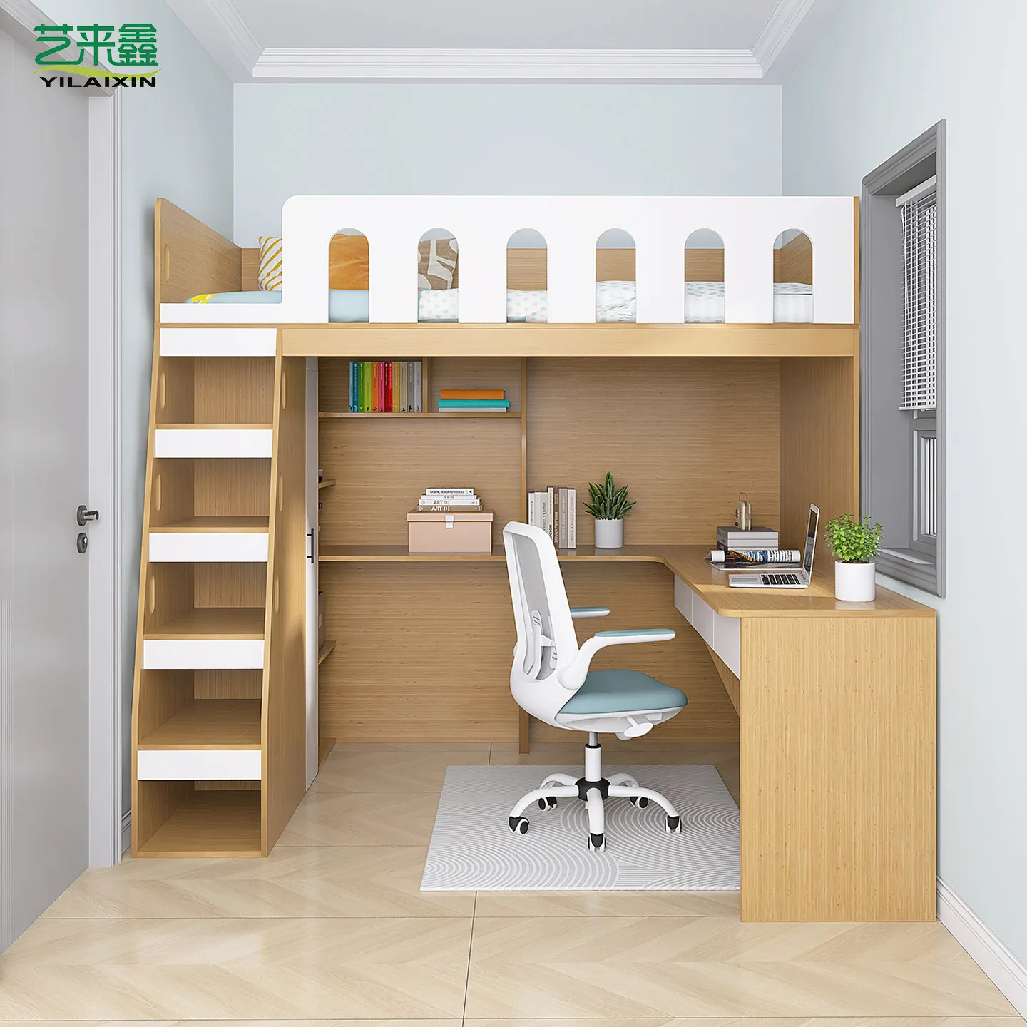 Small apartment on the bed and under the table combination  student adult high and low bed with desk bookshelf wardrobe