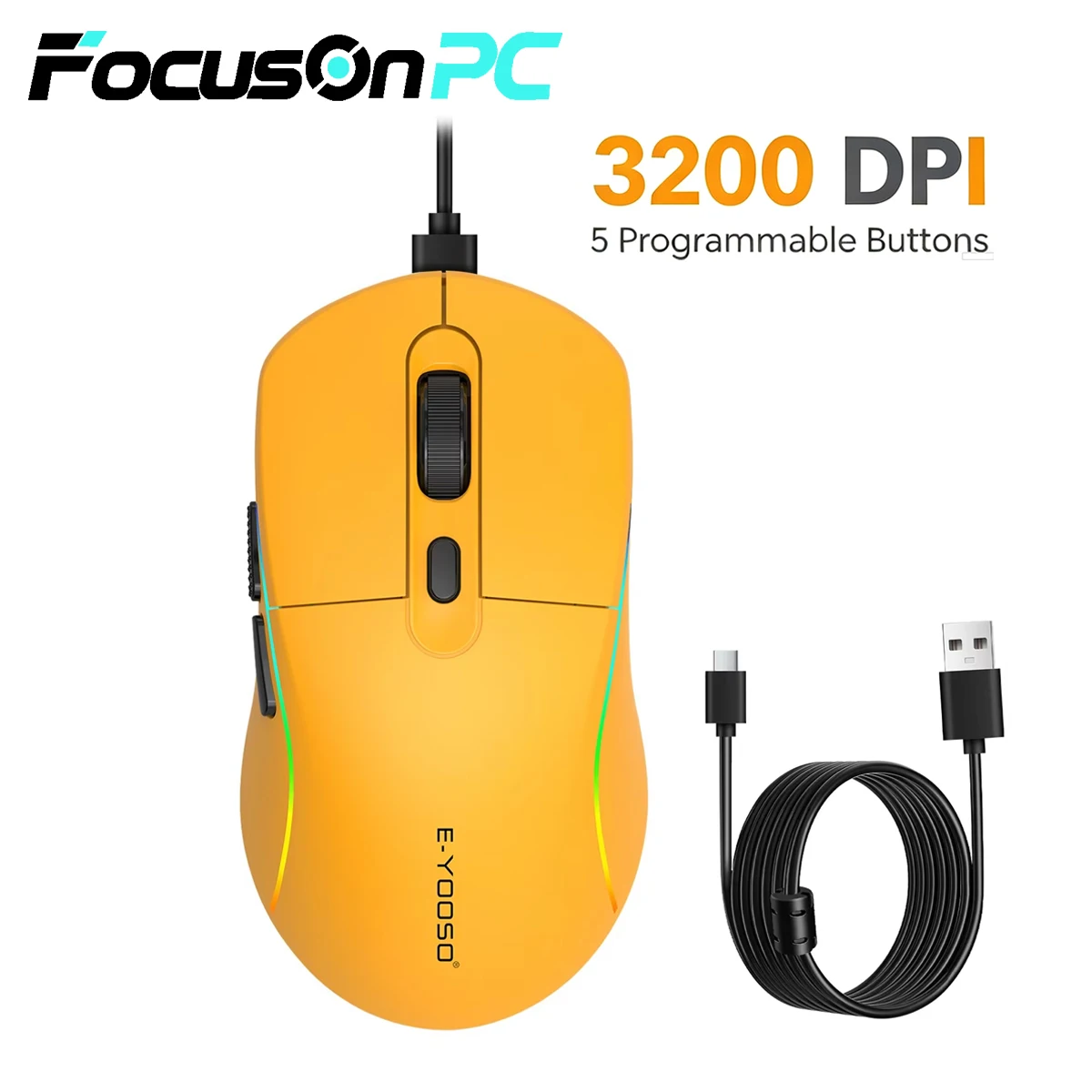FocusOnPC X-53 Ergonomic Gaming Mouse 3200 DPI 5 Programmable Buttons USB-C Wired RGB Backlit Gaming Mice Compatible with PC Mac