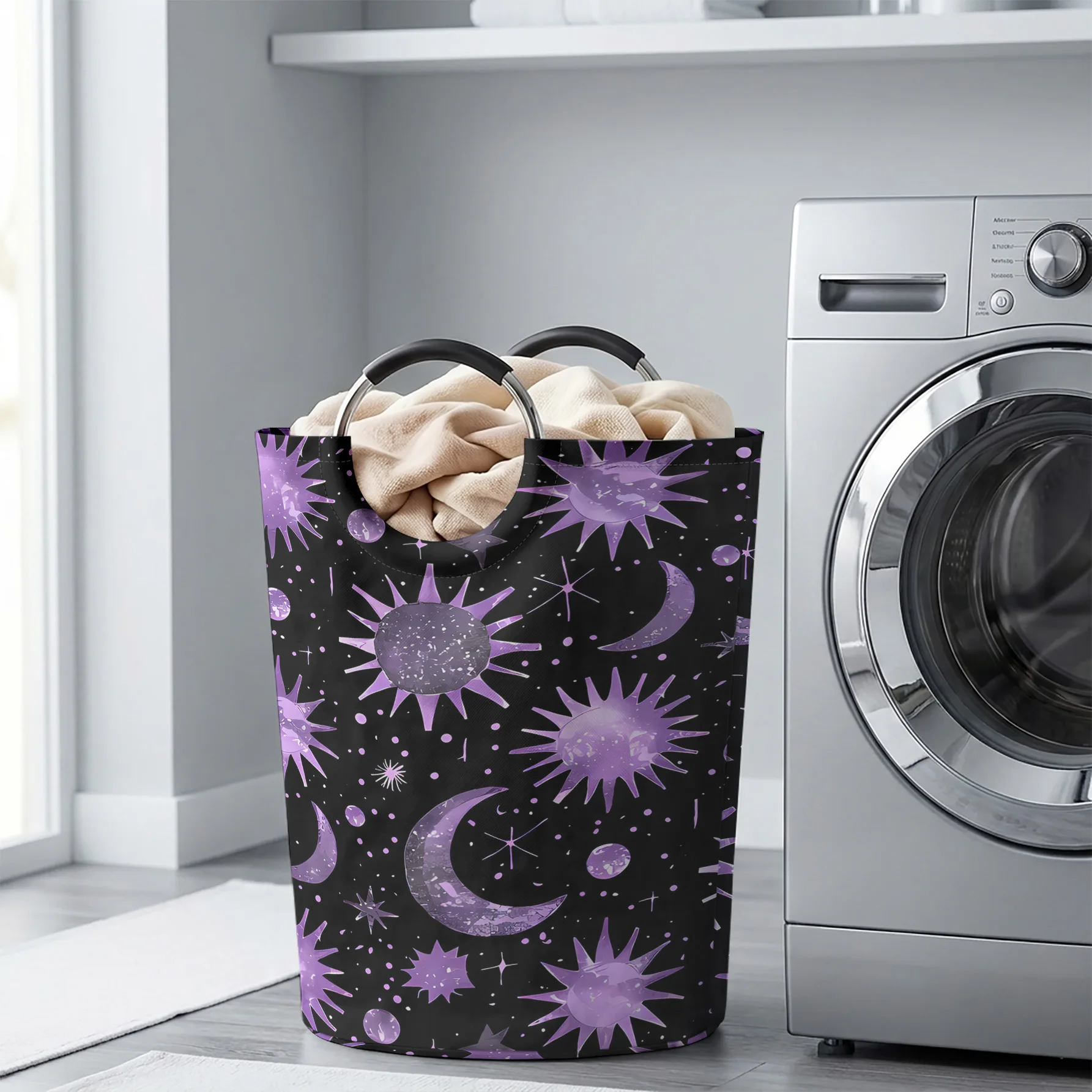 Black Background Purple Sun Moon Star Print Handheld Storage Basket, Large Capacity, for Dirty Clothes, Bedroom Sundries and Toy