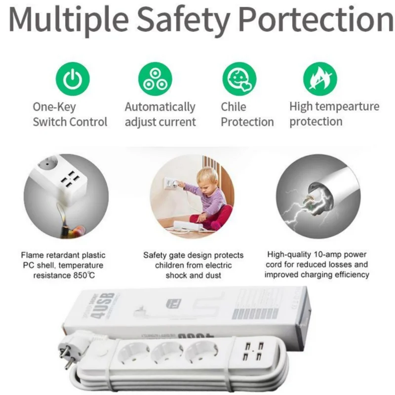 2200 واط المعيار الأوروبي 3 فتحة مقبس الطاقة + 4 منفذ USB القياسية مؤرض قطاع الطاقة 3 الاتحاد الأوروبي التوصيل مآخذ مع كابل تمديد 1.8 متر