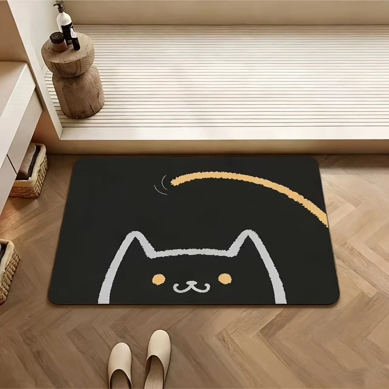 Novelty Pet Dining Mat  Vintage Sketch Curious Cat and Wool Ball Art Rug Lovely Decor Pad for Household Pet Feeding Zone