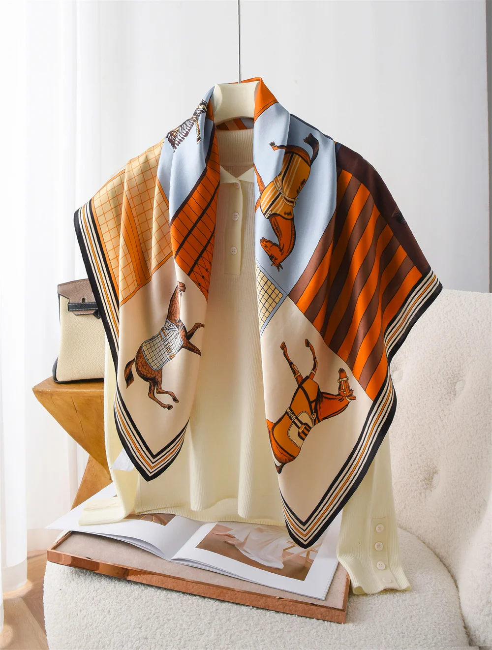 

Horse Print Silk Scarf 110CM Women Luxury Mulberry Scarf for Bag Clothing Accessories Large Shawl Female Foulard Christmas Gift