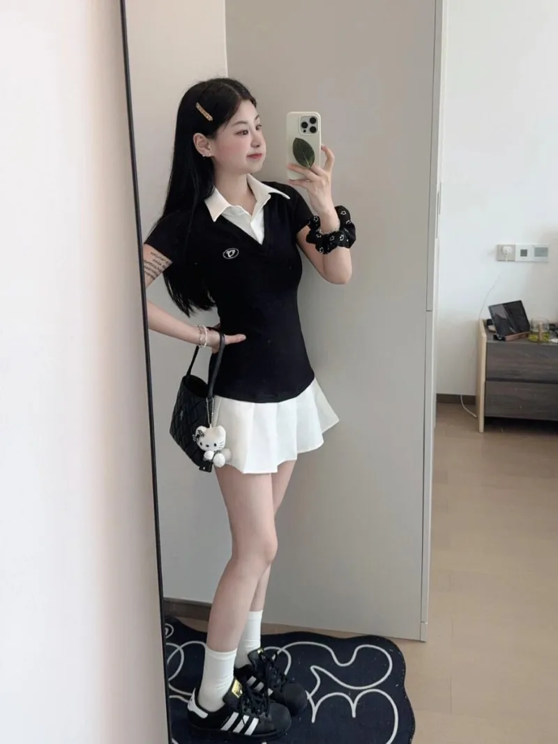 

Preppy Style Polo-neck Slim-fit Dress Women's Summer Fake Two-piece Short-sleeved Pleated A-line Dress Fashion Female Clothes