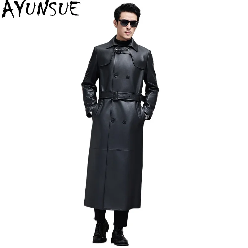 AYUNSUE Real Sheepskin Leather Jackets for Man 2025 Autumn Winter Long Leather Trench Coat Double-breasted Windbreaker with Belt