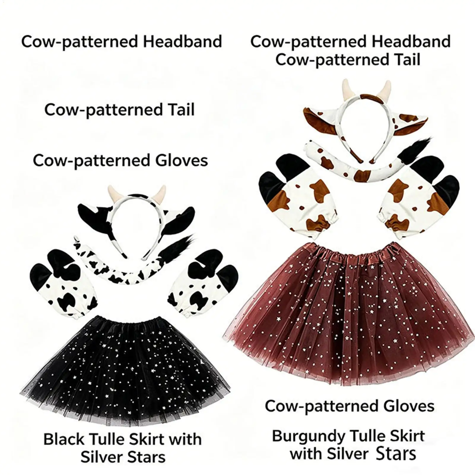 Cow Costume Girls Outfit Set with Cow Headband Tail Gloves Tutu Dress for Concert Party Cosplay Carnival Masquerade School Event