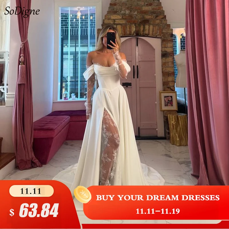 

Женское свадебное платье с открытыми плечами soworthy, ТРАПЕЦИЕВИДНОЕ кружевное платье невесты в стиле бохо, элегантное платье для невесты