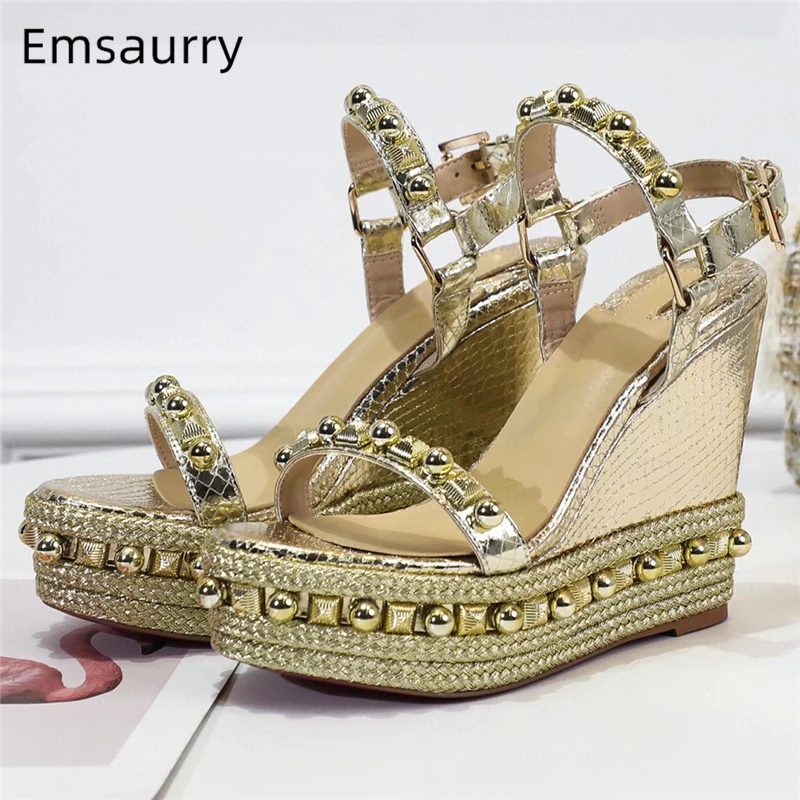 Colorful Beads Rivet Decor Platform Sandals Women High Wedges Ankle Strap Multicolor Party Shoes Summer