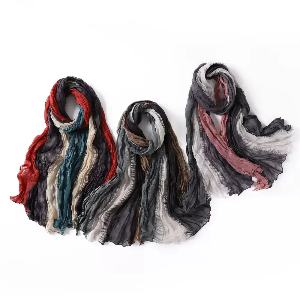 Vintage Tie-Dye Crinkle Scarf Women Gradient Color Block Cotton Linen Shawl Wrinkled Lightweight Hijab Wrap Fashion Neck Scarves