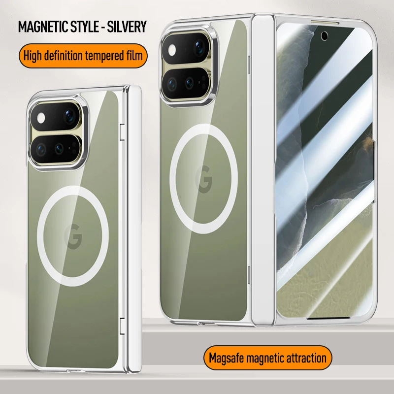 For Magsafe Google Pixel 11 Pro Fold Case Electroplating Transparent Magnetic Wireless Charging Hinge With Tempered Glass Cover