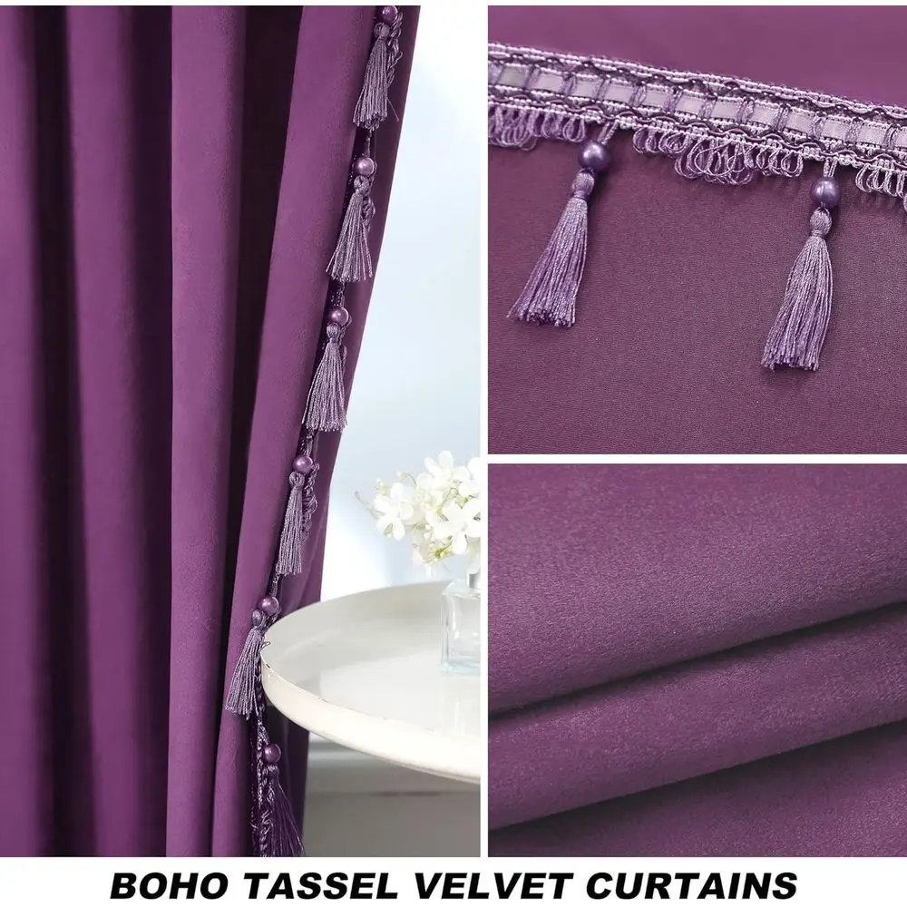 90 ستائر مخملية طويلة مع شرابات، 52 وات × 90 ساعة، ستائر حرارية عازلة للصوت لغرفة المعيشة، مجموعة من لوحتين