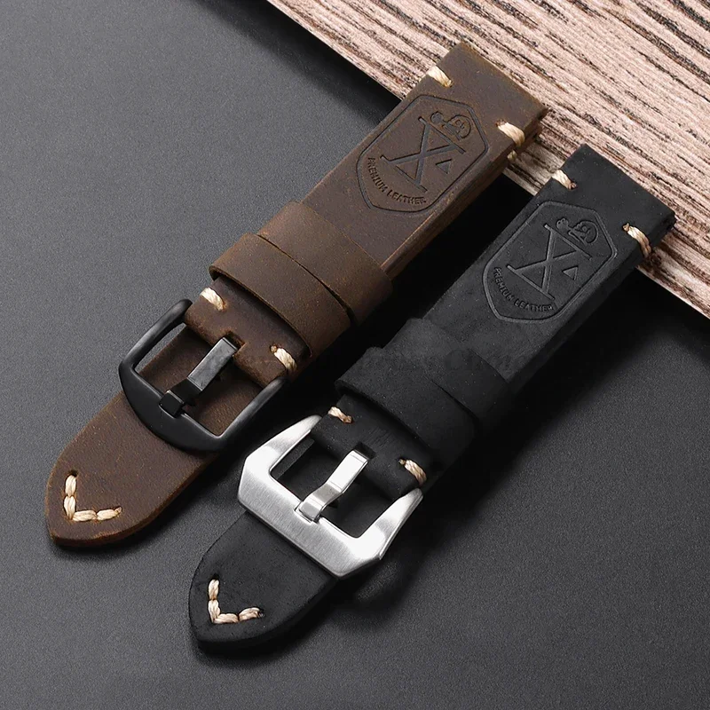 

Handmade Cowhide Leather Watchband Strap 20mm 22mm 24mm 26mm Vintage DarkBrown Padded Watchband For PAM111 441 Soft Men Bracelet