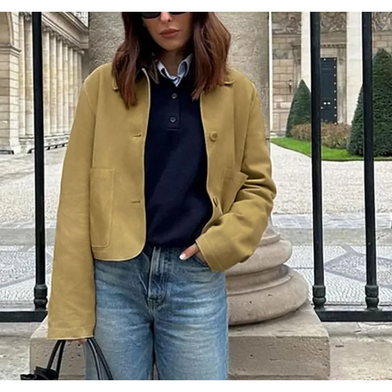 

Fall/Winter 2025 New Women's French Commuter Khaki Lapel Suede Jacket Loose Long Sleeve Jacket