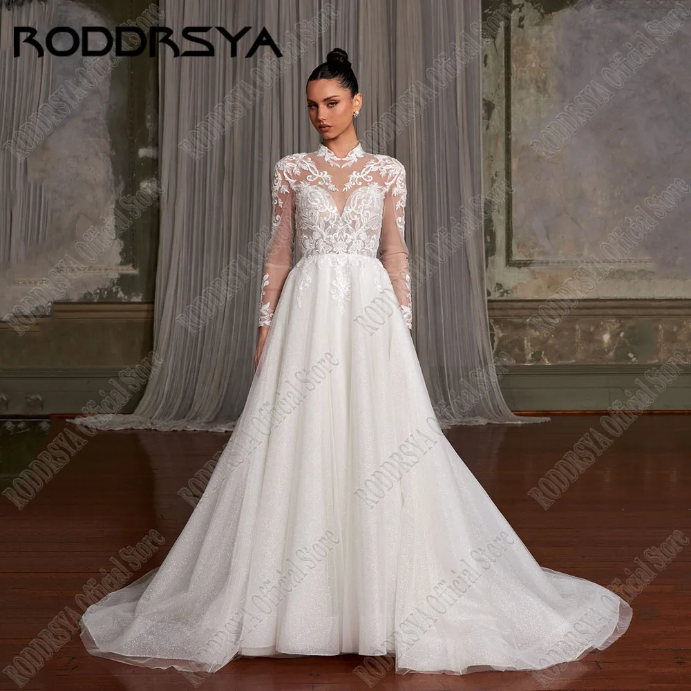 

RODDRSYA Glitter Elegant Wedding Dresses Long Sleeve A line Appliques Lace O Neck Bride Gown Customized Tulle vestidos de novia