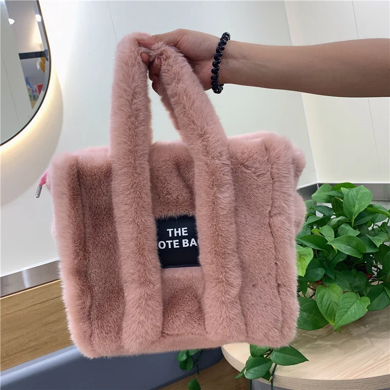 Winter Women Faux Fur  Plush The Tote Bag Retro Large Capacity Handbag Simple Shoulder Designer Women Black Handbag