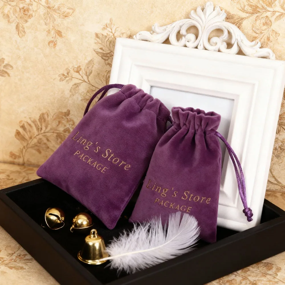 

50pcs Personalized Logo Velvet Jewelry Organizer Gift Bags Drawstring Jewellry Rings Card Packaging Storage Pouch Wedding Favors