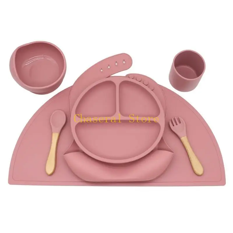 E7CE Baby Silicone Bib Divided Dinner Plate Suction Bowl Spoon Fork Cup Placemat Set