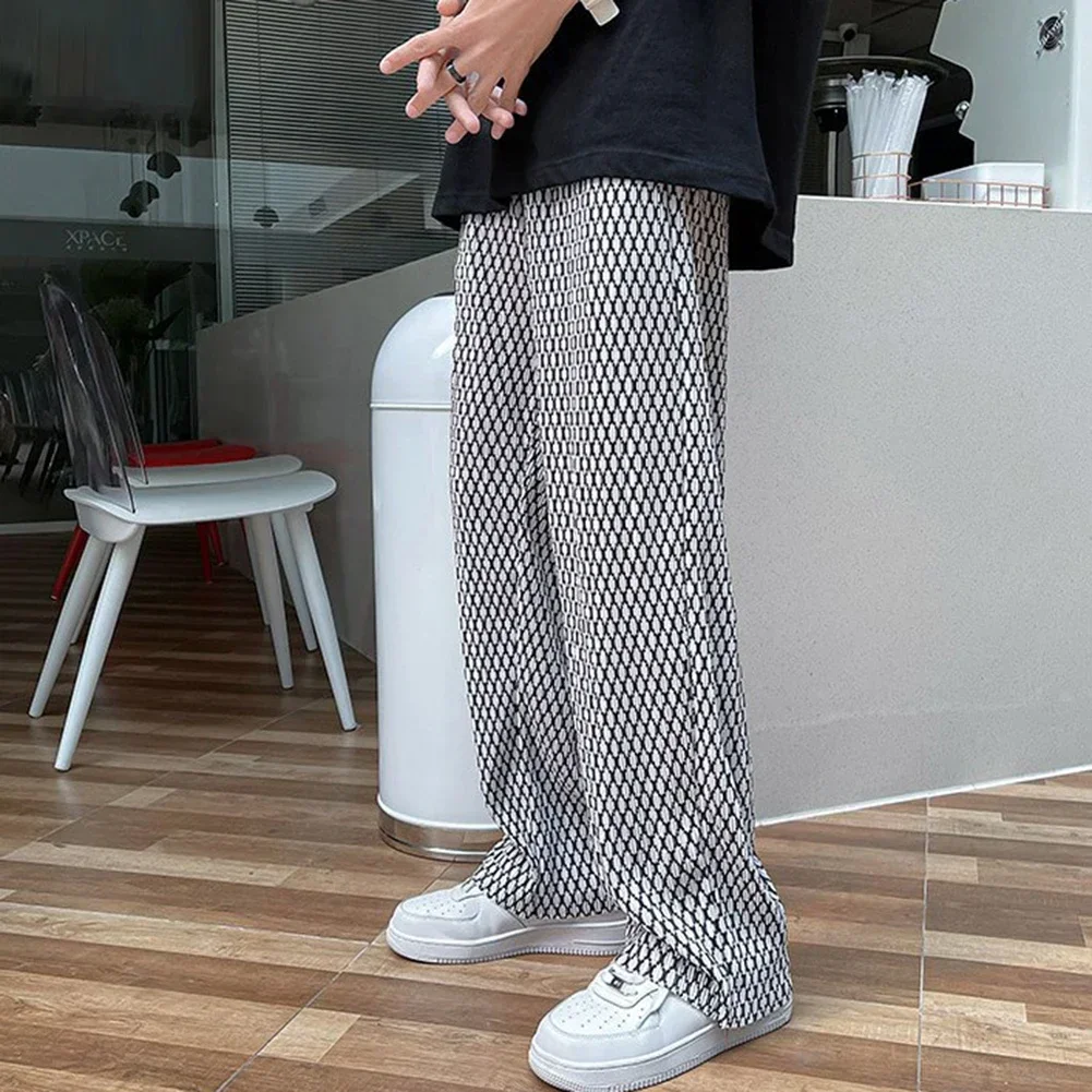 Mens Ice Silk Plaid Loose Wide Leg Pleated Pants Fashion Hip Hop Y2k Streetwear